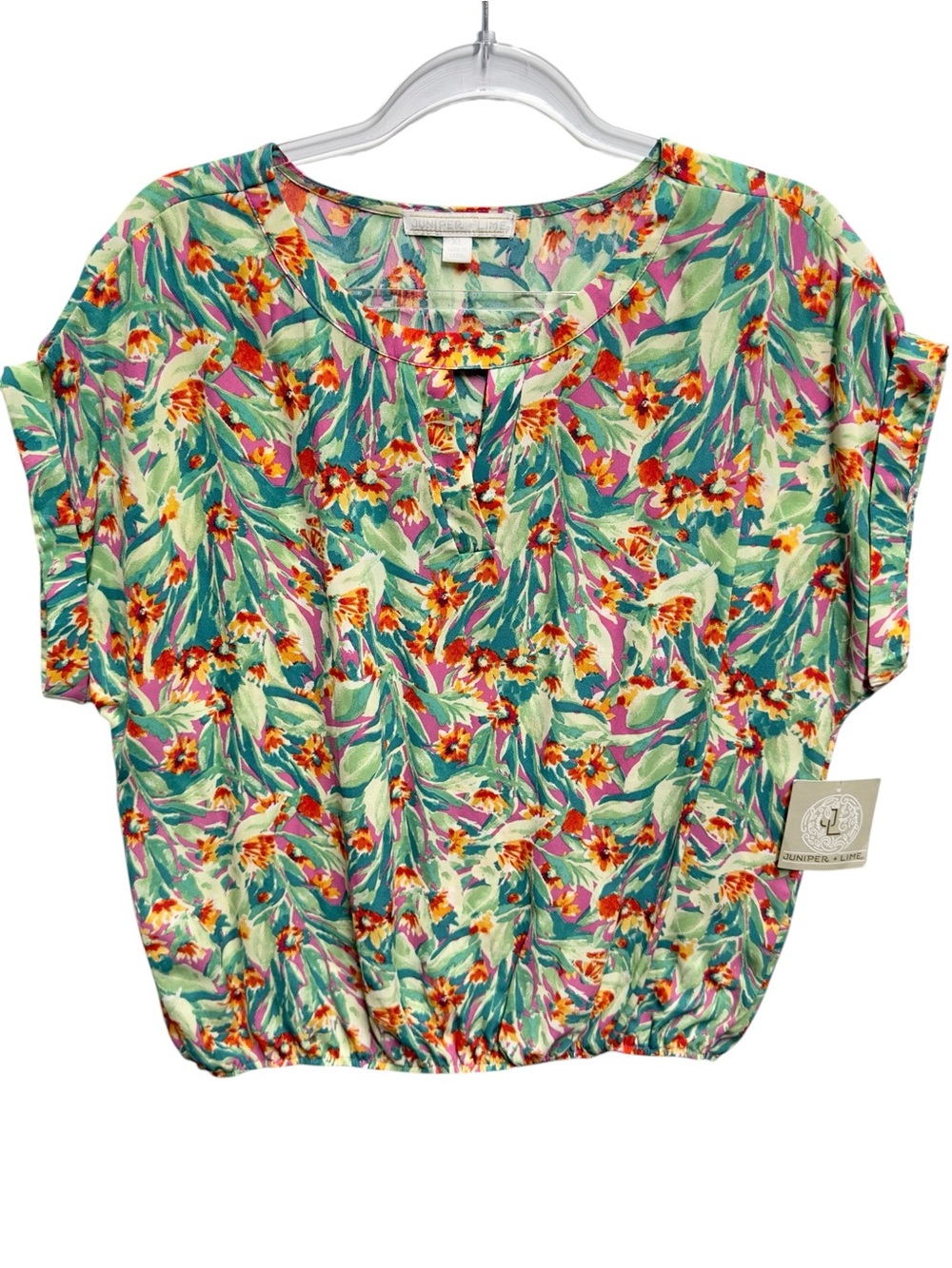 Matte Satin Knit Abstract Contrast Art Floral Leaf Watercolor Blouse Top Popover